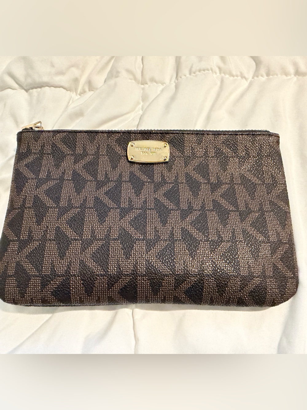 Michael Kors Brown and Dark Brown Monogram Pouch with Gold Plaque